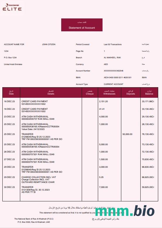 ZEA Rakbank Elite wyciąg bankowy Word i PDF szablon w
